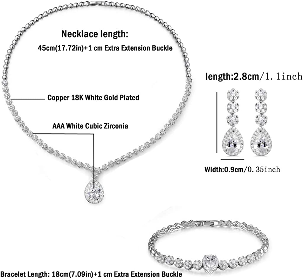 Hadskiss Jewelry Set for Women, Necklace Dangle Earrings Bracelet Set, White Gold Plated Jewelry Set with White AAA Cubic Zirconia, Allergy Free Wedding Party Jewelry for Bridal Bridesmaid - Image 2